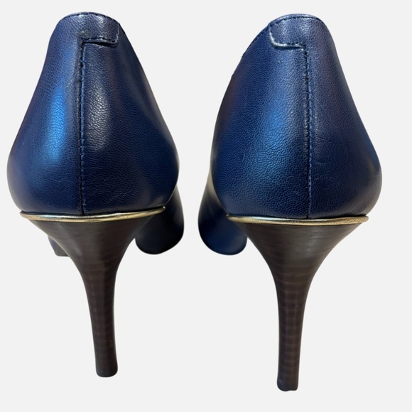 LRL Ralph Lauren Sarina Navy Kidskin High Heel Pump Stiletto Gold Heel Band 7.5 - Picture 5 of 10